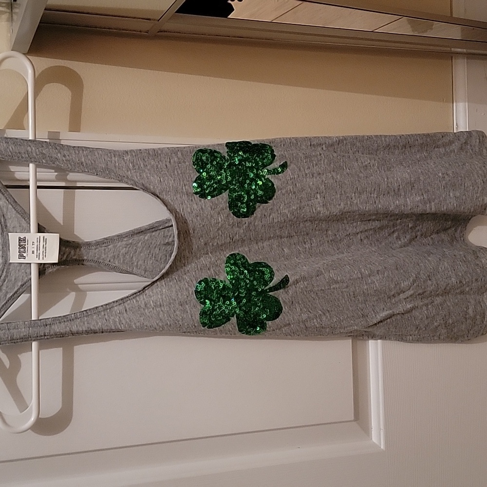 PINK Victoria's Secret Gray Tank Top With Green Sequin Shamrocks. XS. Bralette S - Picture 2 of 16